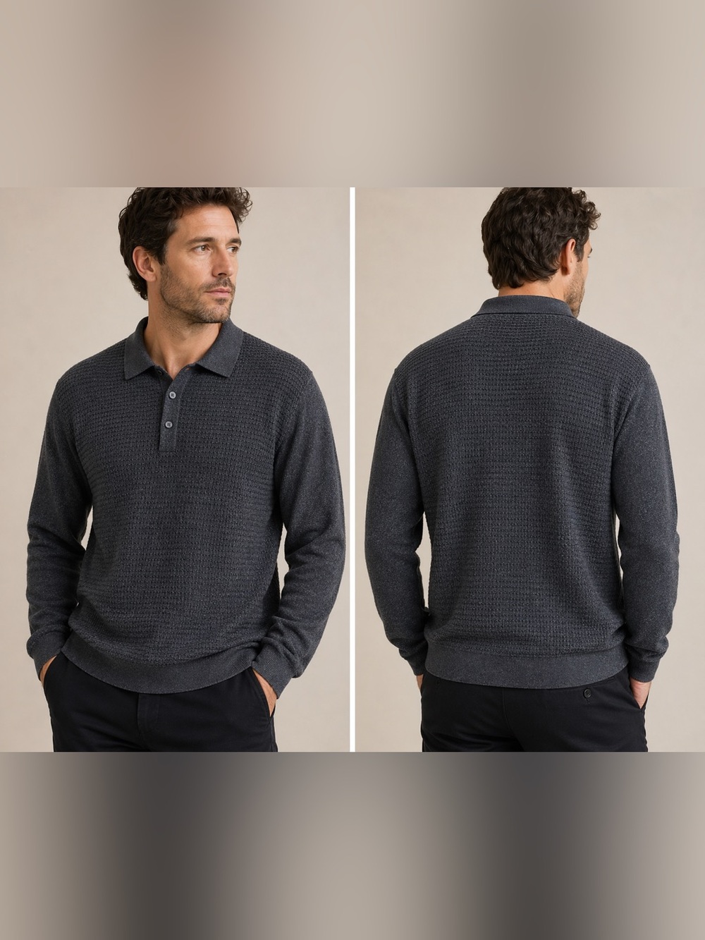 Pronto Classic Men Gray Collar Textured Knit Pullover Sweater Button L Business